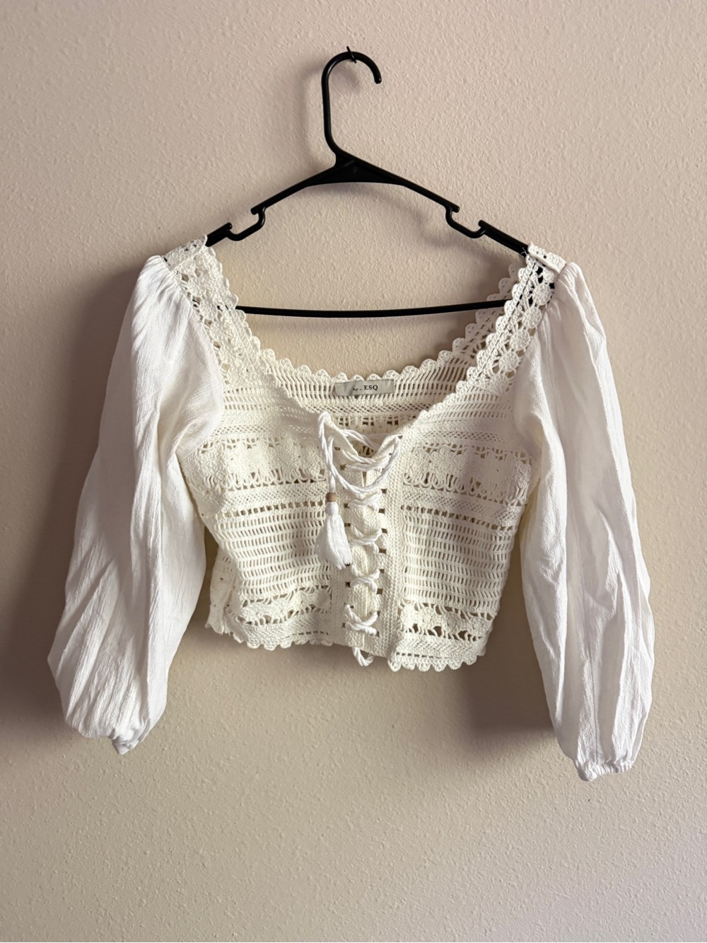 Knit Lace-Up Cropped Peasant Top in Cream